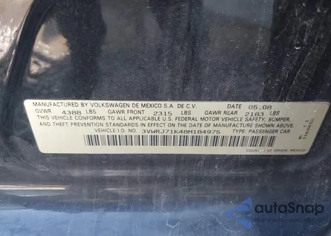 2008 Volkswagen Jetta Wolfsburg Edition z USA, uszkodzony, nr VIN 3VWRJ71K48M184975